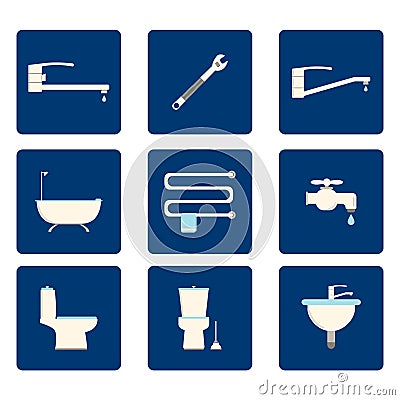 Flat Bathroom icons set on blue background. Vector illustration. Vector Illustration