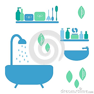 Flat bathroom interior vector illustration. Spa and hygiene supplies on shelves, bath and shower isolate. Vector Illustration