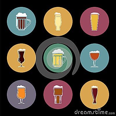 Flat beer glass icons set Vector Illustration
