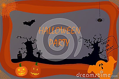 Flat. Billboard for Halloween. Pumpkins, ghost, trees, crosses, spider, bat, cobwebs on a colored background Vector Illustration