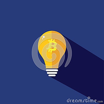 Flat Bitcoin bulb on blue background Stock Photo
