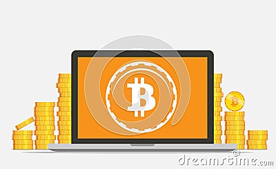 Flat bitcoin mining equipment. Golden coin with Bitcoin symbol in computer concept. Vector Illustration