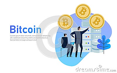 Flat bitcoin online mining concept web infographics vector illustration. Man on computer and bit coin mine service Vector Illustration