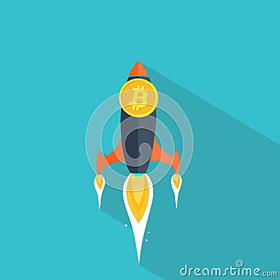 Flat Bitcoin rocket on blue background Stock Photo