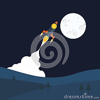 Flat Bitcoin rocket at night thrusting to moon through mountains Stock Photo