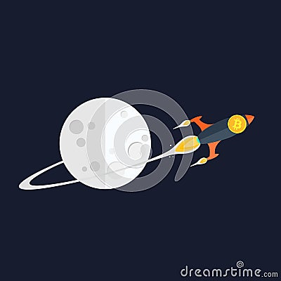 Flat bitcoin rocket thrusting over moon on blue background Stock Photo