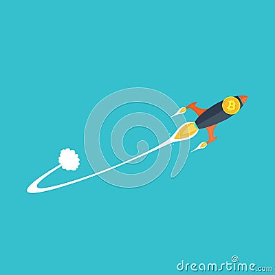 Flat Bitcoin rocket with trail on blue background Stock Photo