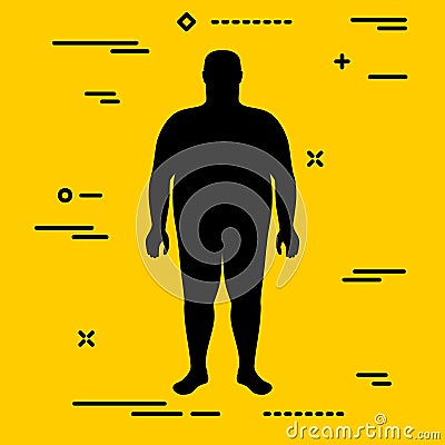 Flat black characterizing male silhouette for extremely obese stage of body mass index on yellow background Vector Illustration