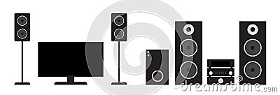 Flat black home cinema and stereo system set. Vector illustration of tv, receiver, subwoofer and speakers. Vector Illustration