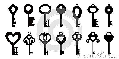 Flat black keys collection. Vector illustration. Creative pictograms set. Hearts, flowers, ornament Vector Illustration