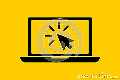 flat black laptop icon with choosing cursor or pointer isolated on yellow. Concept of using screen mobile computer or search Vector Illustration