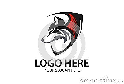 Black and Red Wolf Head with Shield Logo Design Vector Illustration