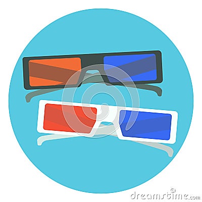 Flat black and white 3d cinema glasses. 3d cinema glasses with red and blue lens and black and white frames Stock Photo