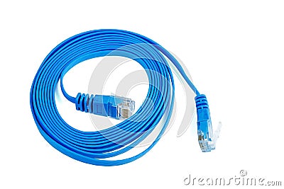 Flat blue ethernet copper, RJ45 patchcord isolated on white Stock Photo