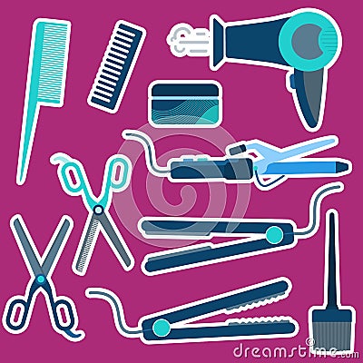 Flat blue hairdressing stickers set Stock Photo