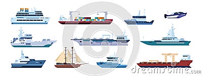 Flat boats. Ocean sailboats ships yacht and catamarans, isolated marine transport. Vector sailing vessel and motor ships Vector Illustration