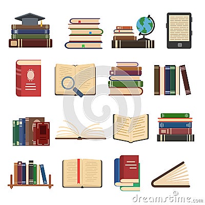 Flat book icons. Library books, open dictionary page and encyclopedia on stand. Pile of paper magazines, ebook globe and novel Vector Illustration