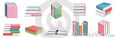 Flat books banner icons. Magazines with bookmark, history and open or closed textbook science pile of old book stack on Vector Illustration