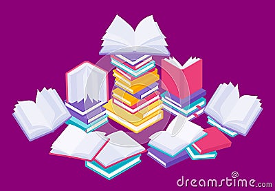 Flat books concept. Study reading and education illustration with stack of open close and flying books. Vector knowledge Vector Illustration