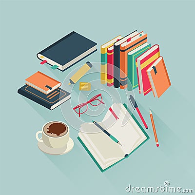 Flat books desktop. Open book reading text magazine study read student school literature, colorful vector illustration Vector Illustration