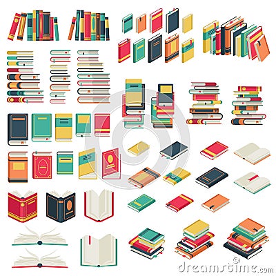 Flat books set. Book school library publishing dictionary textbook magazine open closed page studying vector collection Vector Illustration