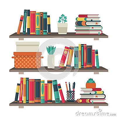 Flat bookshelves. Shelf book in room library, reading book office shelf wall interior study school bookcase vector Vector Illustration