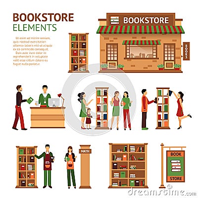 Flat Bookstore Elements Images Set Vector Illustration