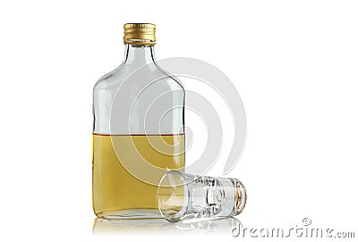 Flat bottle with booze and drink Stock Photo