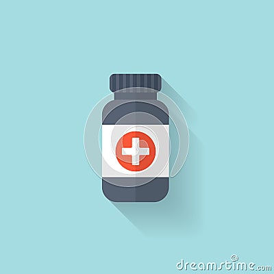 Flat bottle with medical pills icon. Tablets symbol. Health care. Vector Illustration