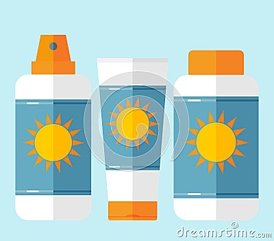 Flat bottles of sunscreen with sun motif Vector Illustration