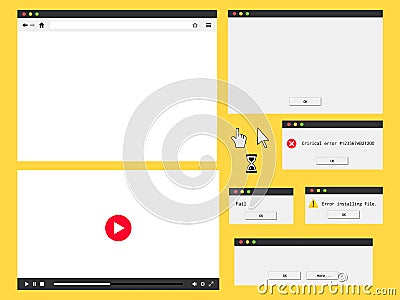 Flat browser window, audio player, error message and dialog box. Vector Illustration