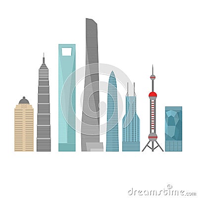 Flat building of China country, travel icon landmark . Shanghai City architecture. Asian travel vacation sightseeing. Vector Illustration