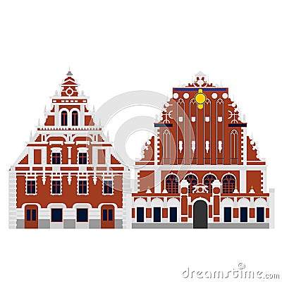 Flat building of Latvia country, travel icon landmark. Riga architecture. travel sightseeing. House of the Blackheads Vector Illustration