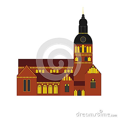 Flat building of Latvia country, travel icon landmark . Riga City architecture. St. Peter`s Church sightseeing Vector Illustration