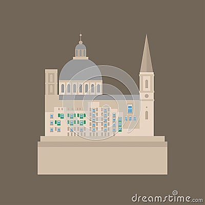 Flat building of Malta country, travel icon landmark . City architecture. World European travel vacation sightseeing. Vector Illustration