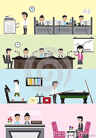 Flat business company building interior and layout for each department design such as office employee working section, meeting Vector Illustration