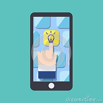 Flat business hand tap idea application on smartphone design vector illustration.Smart idea concept.Smart application click Vector Illustration