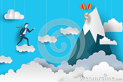 Flat Business Man climbs to the top by Jumping over the clouds. Paper art style design. vector illustration. EPS 10. Vector Illustration