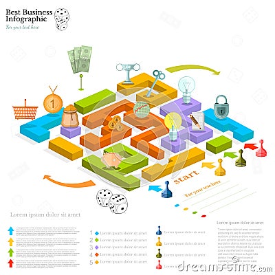 flat business maze infographic background with finanial board game Vector Illustration