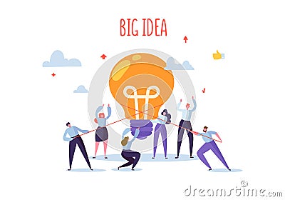 Flat Business People with Big Light Bulb Idea. Innovation, Brainstorming Creativity Concept. Characters Working Together Vector Illustration