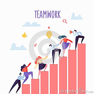 Flat Business People Climbing Up The Stairs. Career Ladder with Characters. Team Work, Partnership, Leadership Concept Vector Illustration