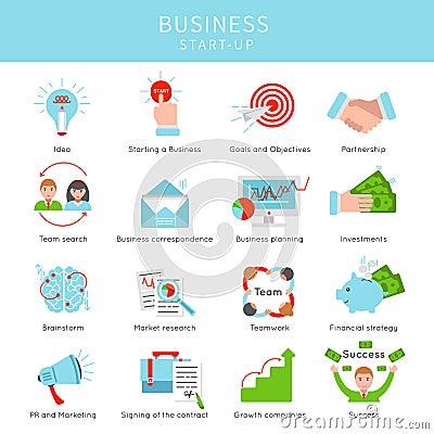 Flat Business Project Startup Elements Set Vector Illustration