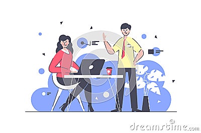 Flat businessman and businesswoman colleagues at meeting. Vector Illustration