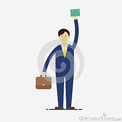Flat Businessman character style wear suite smiling hold money Vector Illustration
