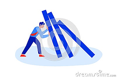 Flat businessman pushing falling hard domino Vector Illustration