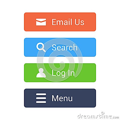 Flat buttons set. Email, Search, Log in, Menu buttons for web and app design Vector Illustration