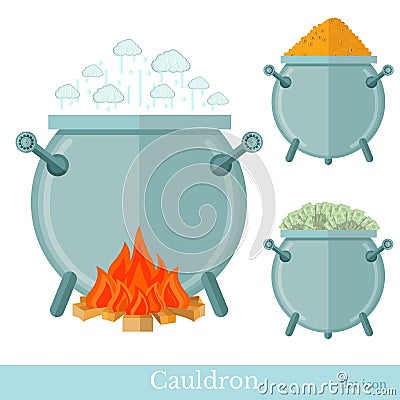 Flat caldron with money coin bank note bonfire Vector Illustration