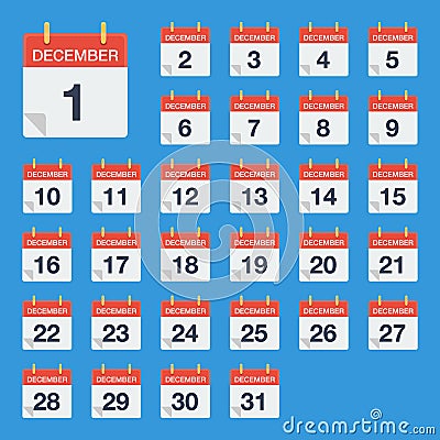 Flat calendar December Icon. Calendar on the wall. Vector illustration. Vector Illustration