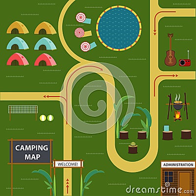 Flat Camping Map Concept Vector Illustration