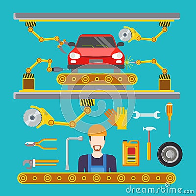 Flat car repair fix service line conveyor robot co Vector Illustration